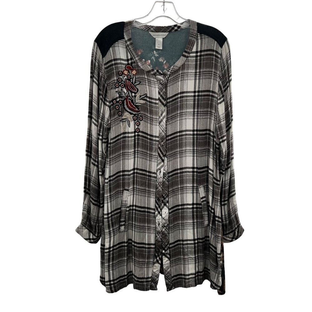 Christopher & Banks Women's Button Up Plaid Embroidered Top Size Medium